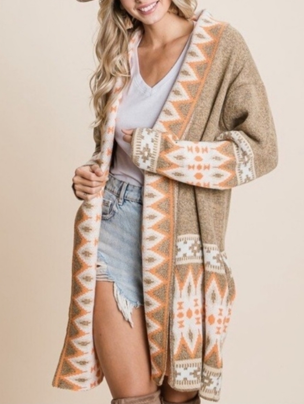 BiBi Aztec Tribal Open Front Cardigan Duster Boho Southwest Orange Taupe Size Sm - Picture 14 of 14